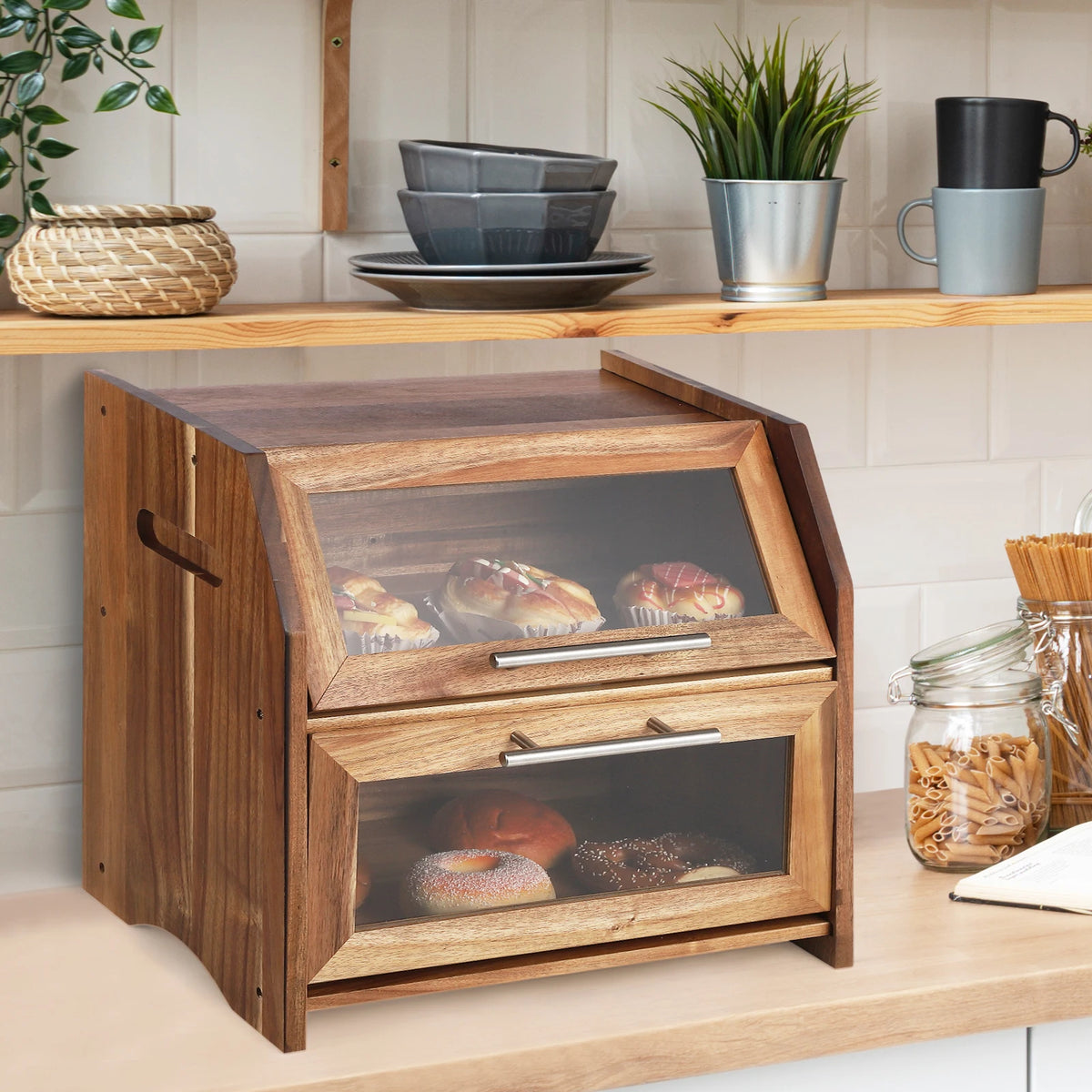 Acacia Wood Double Layer Bread Box With Viewing Window