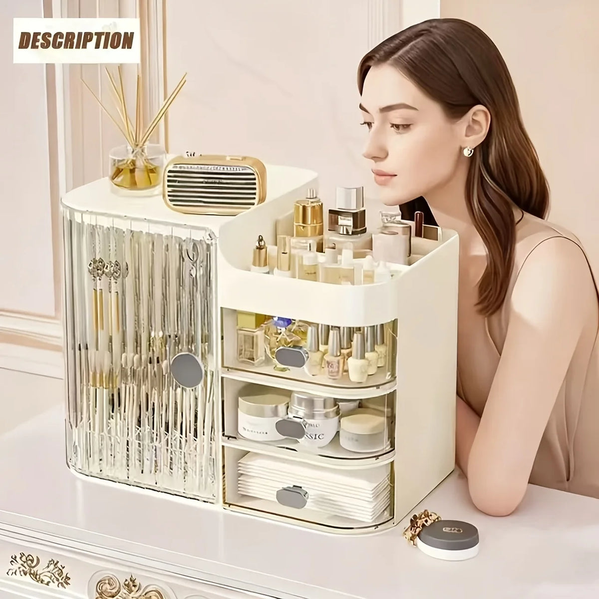Freestanding Three Drawer Makeup Organizer With Mirror