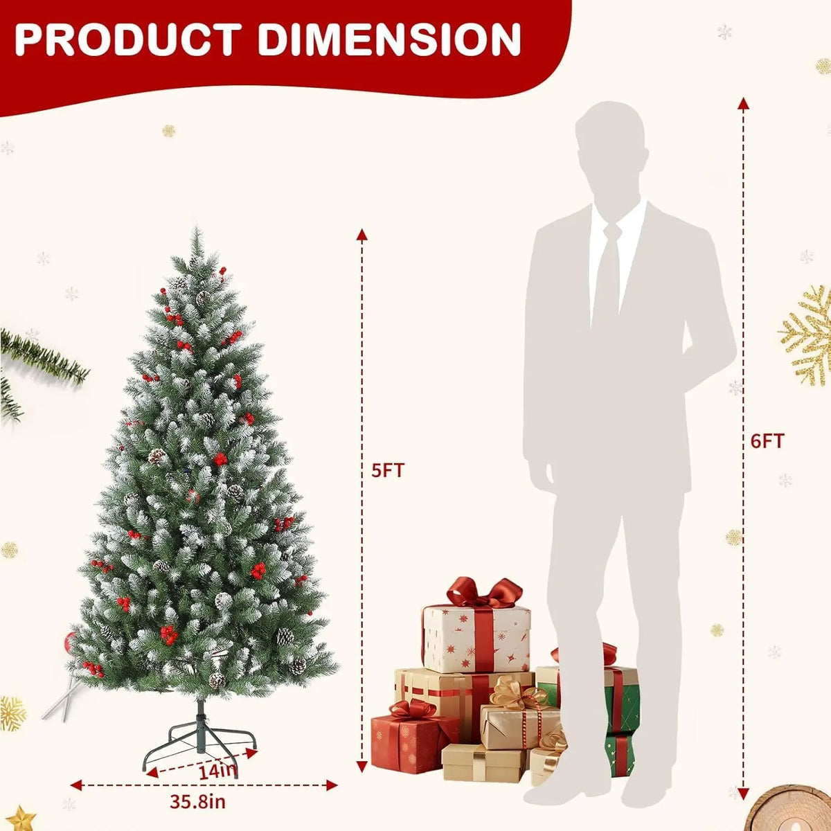 HiMISS Snow Flocked Artificial Christmas Tree With Pine Cone Berries