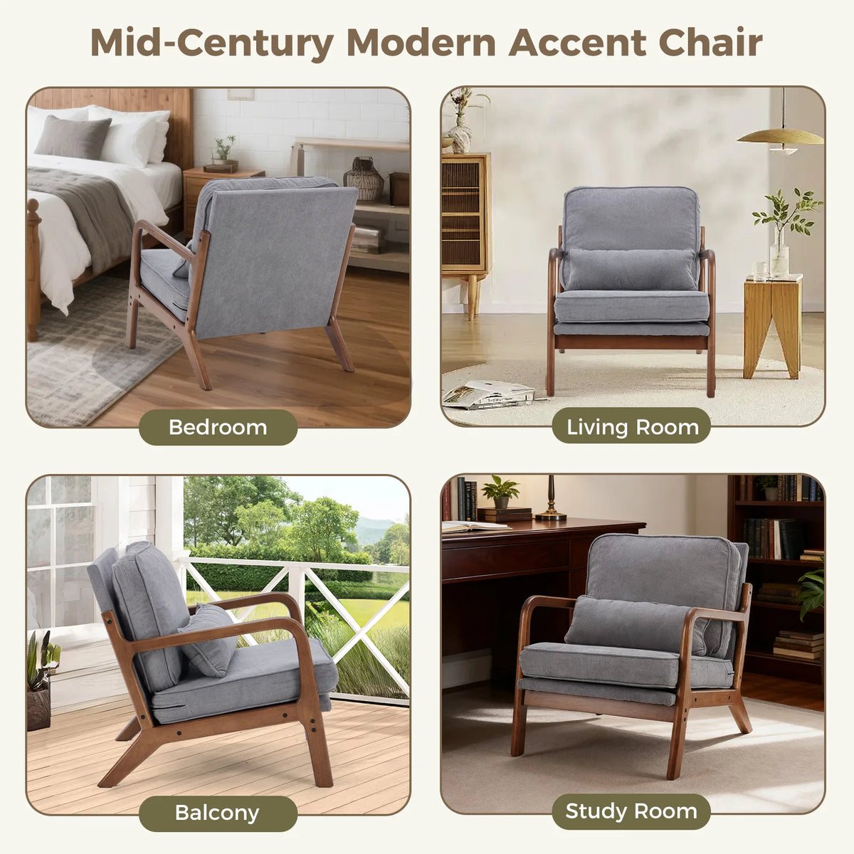 JHK Mid Century Modern Wooden Frame Accent Chair With Cushion
