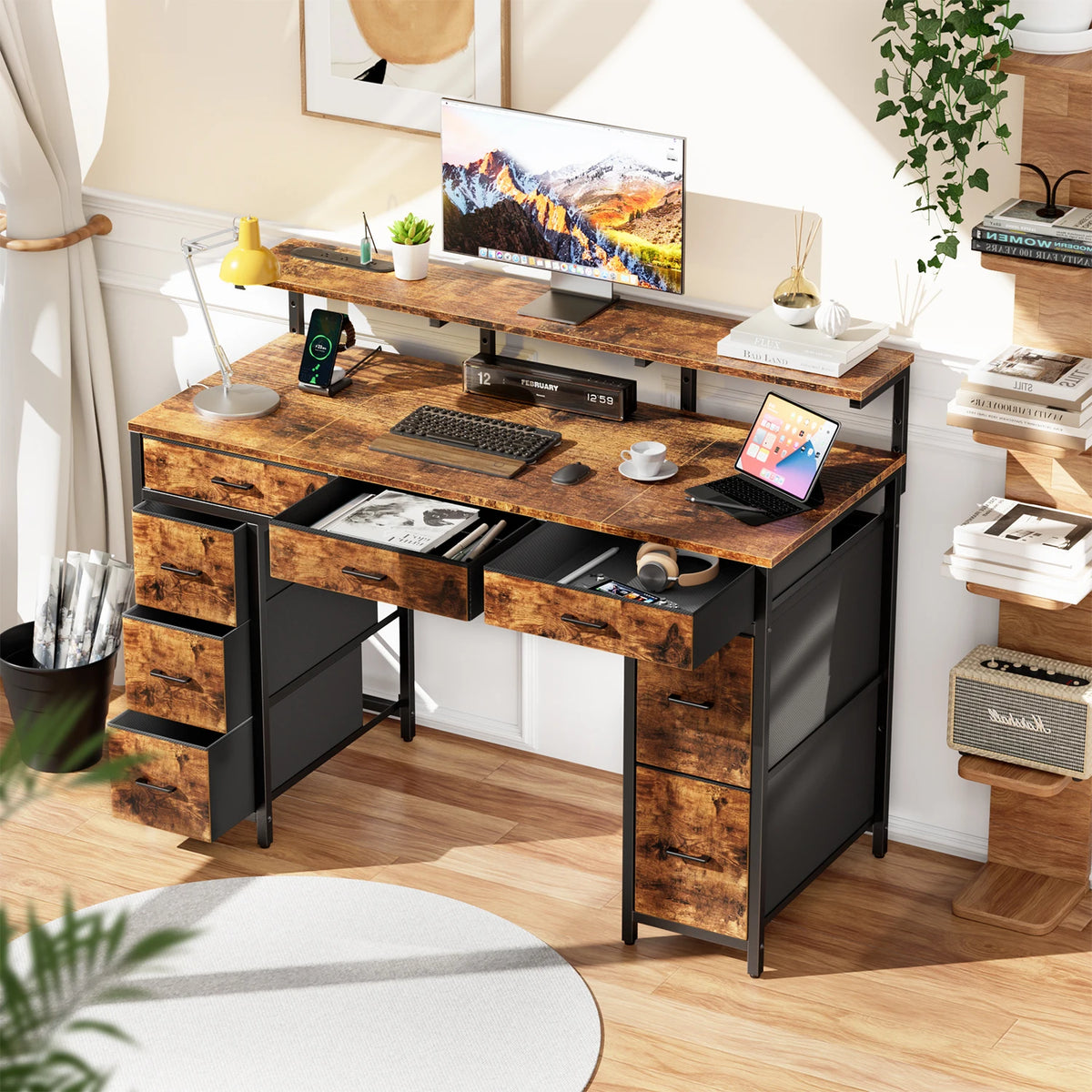 FRODROVIA Modern Computer Desk With Storage Drawers And Led Lights