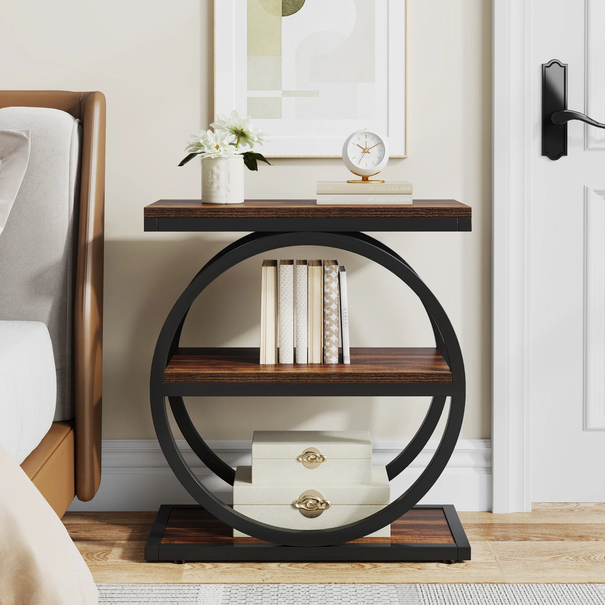 Tribesigns Industrial End Table With Three Tier Storage Shelves