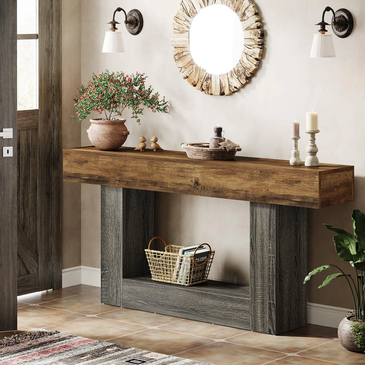 Tribesigns Farmhouse Two Tier Wood Console Table For Living Room