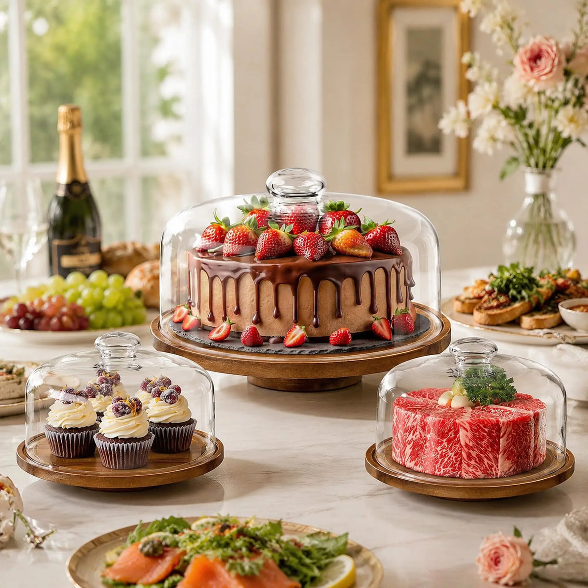 Acacia Wood Rotating Cake Stand With Clear Protective Glass Dome