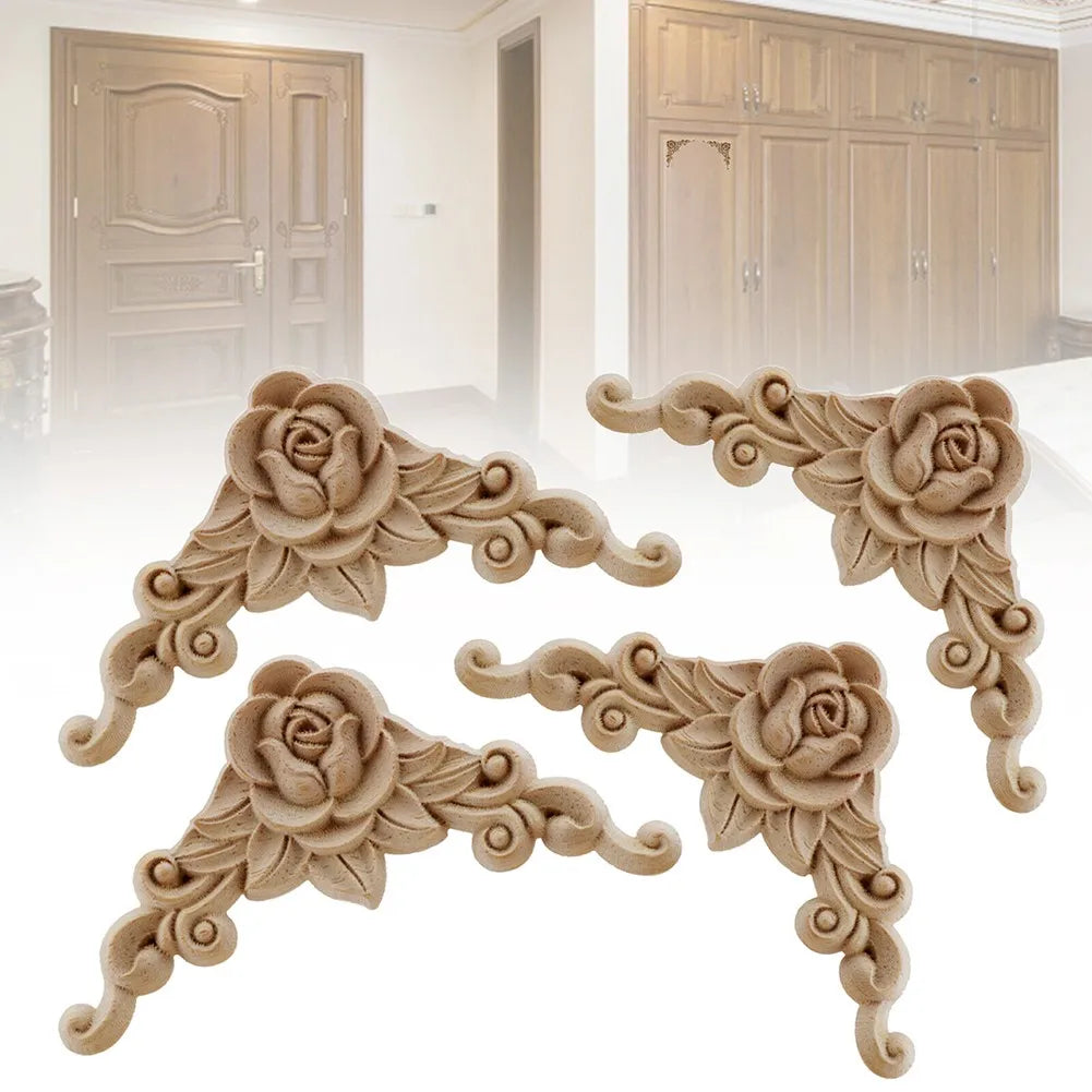 4Pcs Natural Floral Wood Carved Corner Appliques Door Furniture Decoration