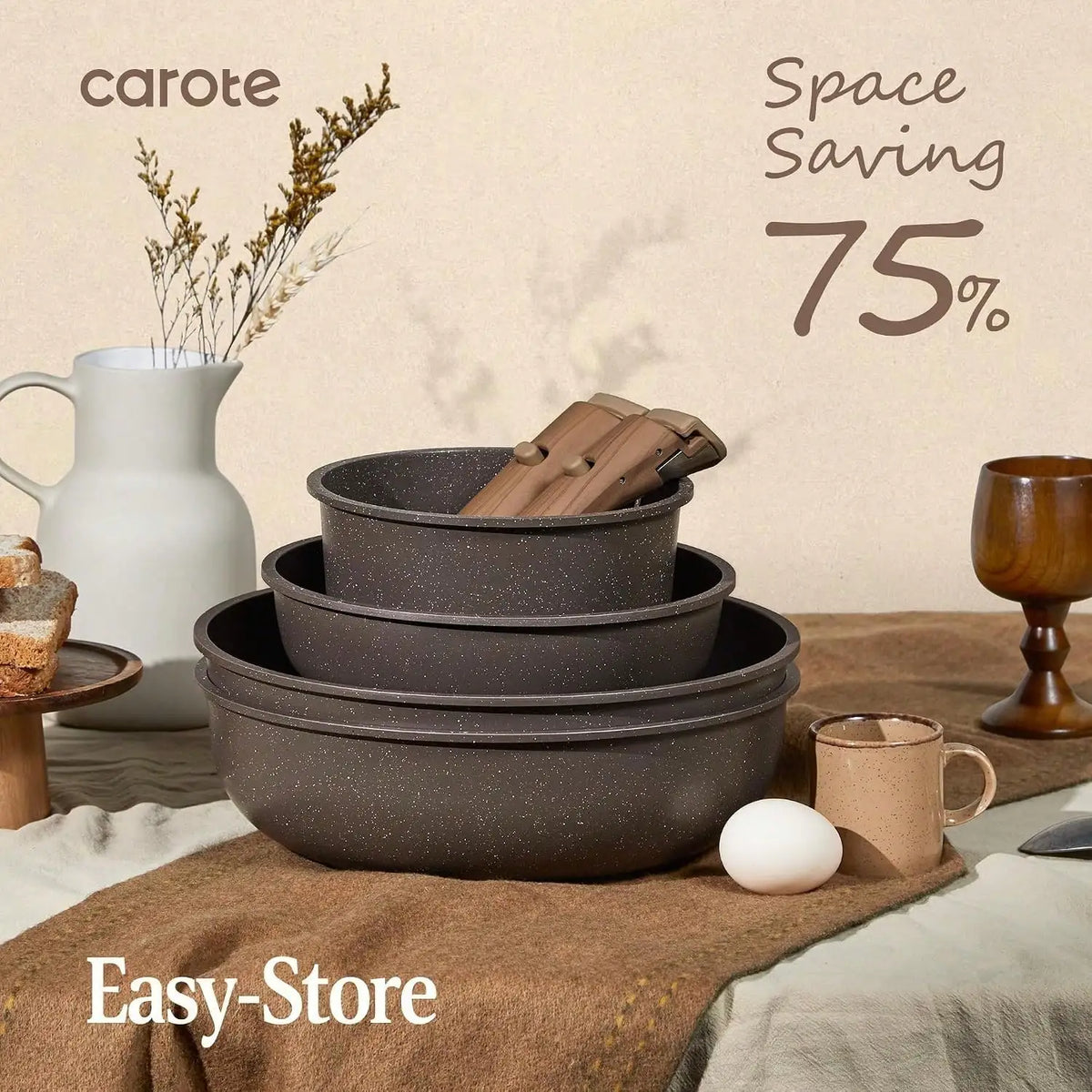 Carote Detachable Handle Nonstick Cookware Set For Kitchen Use