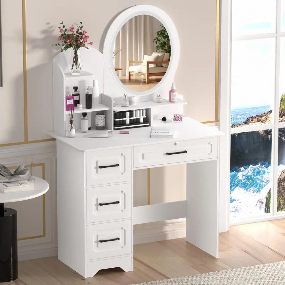 Wooden Makeup Vanity Table With Lighted Mirror And Four Drawers