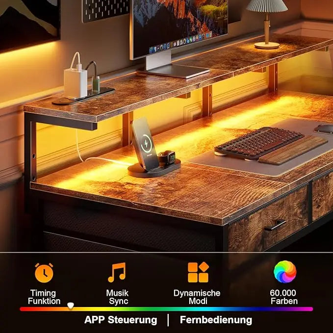 FRODROVIA Modern Computer Desk With Storage Drawers And Led Lights