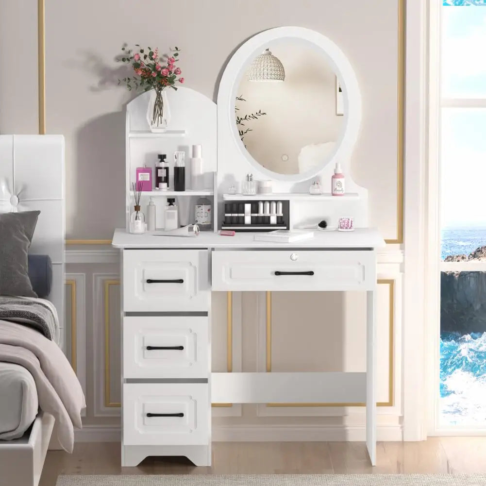 Wooden Makeup Vanity Table With Lighted Mirror And Four Drawers