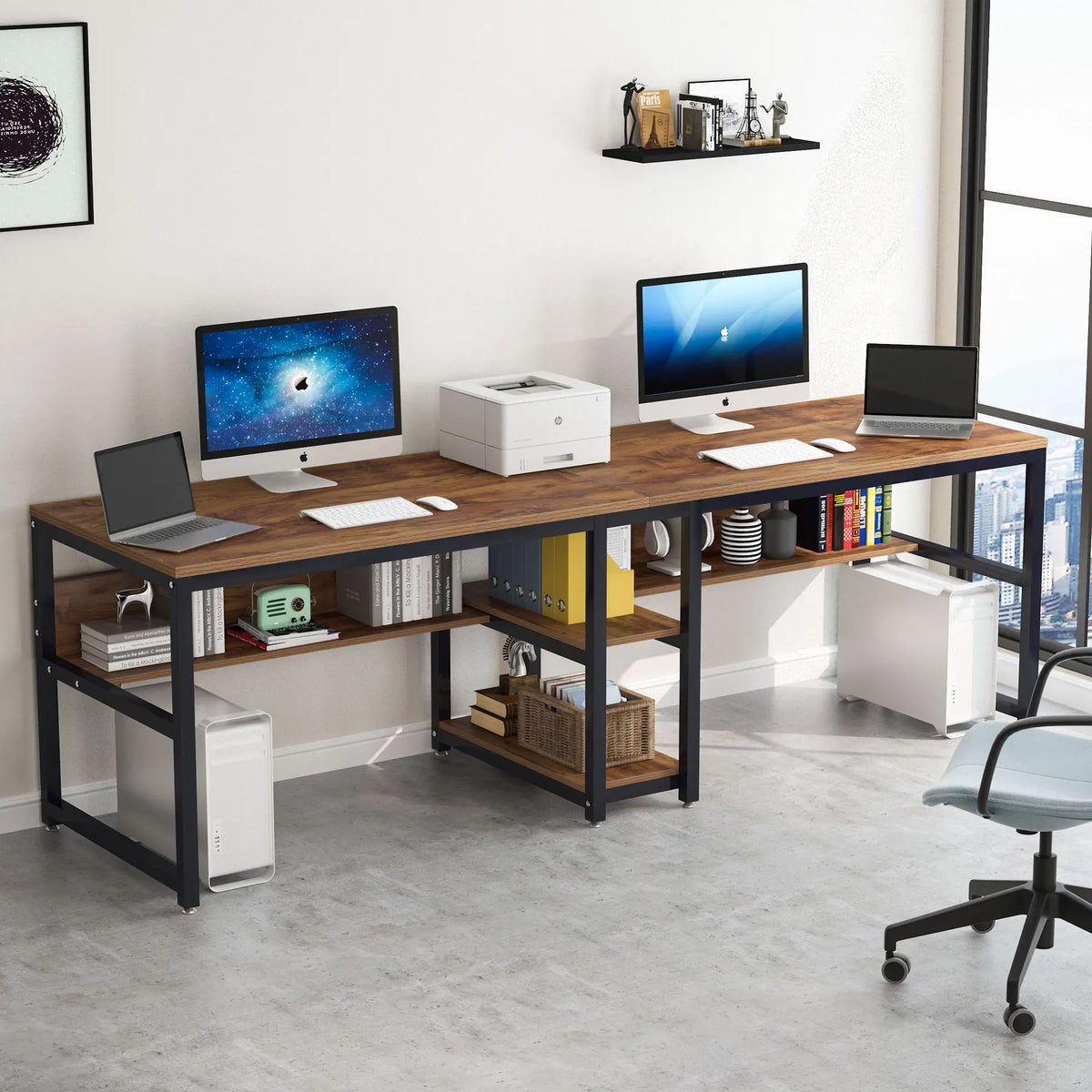Tribesigns Wooden Two Person Office Desk With Bookshelf