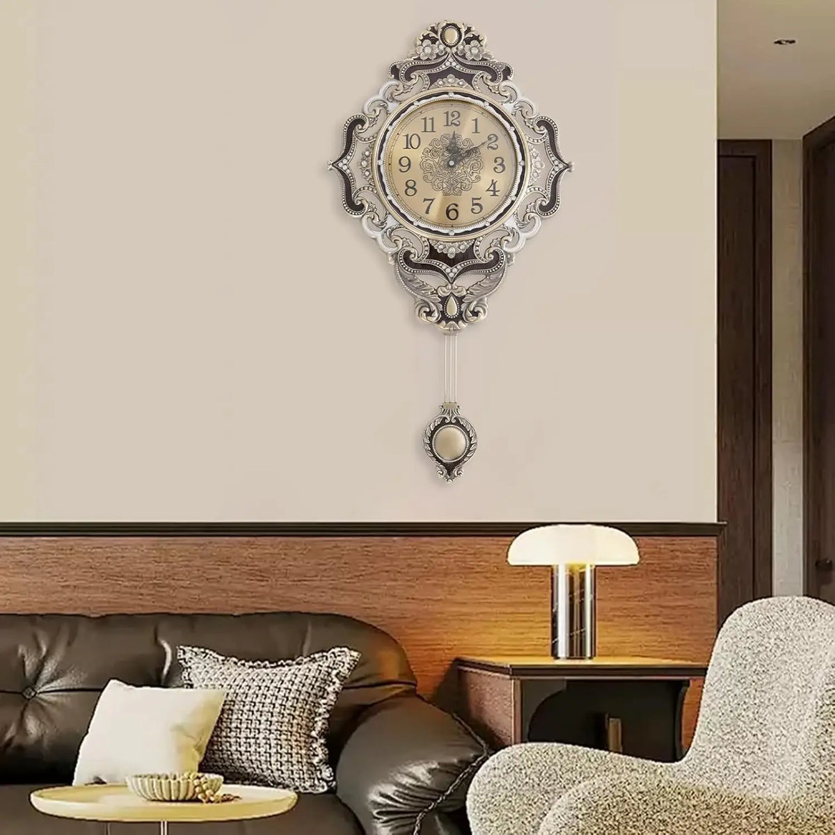 Classic Retro Wall Clock Featuring A Swinging Metal Pendulum