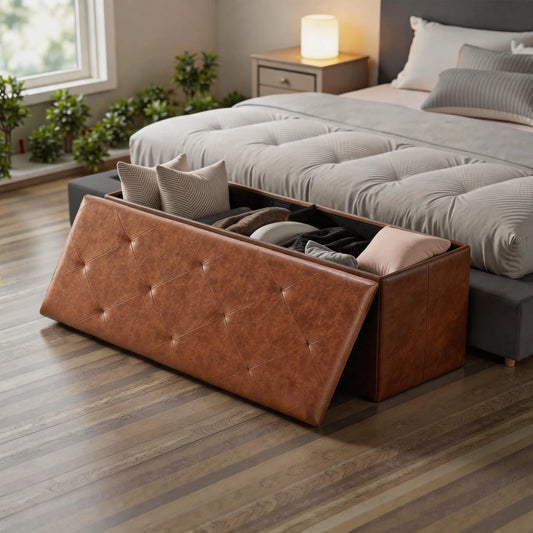 Sarenzon Tufted Faux Leather Folding Storage Bench Ottoman Organizer