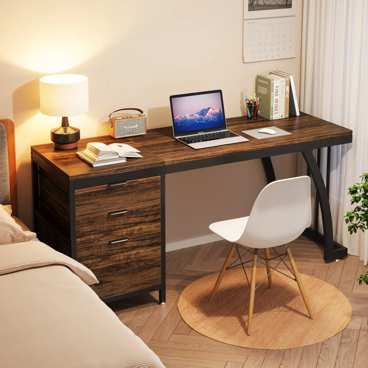 Tribesigns Industrial PC Desk Three Reversible Wooden Drawers Writing Table
