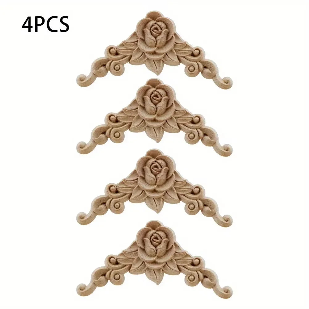 4Pcs Natural Floral Wood Carved Corner Appliques Door Furniture Decoration