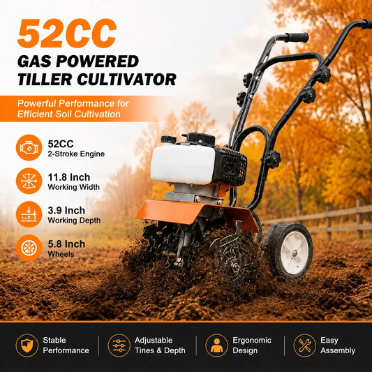 52CC Gas Powered Tiller Cultivator With Adjustable Steel Tines