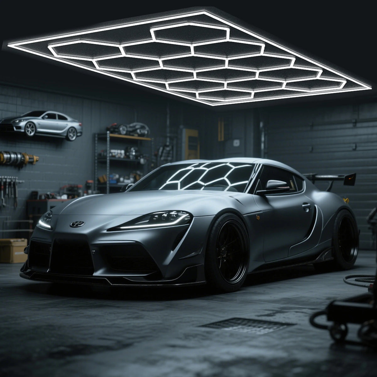 Premium Hexagon LED Garage Light With Honeycomb Frame For Workspaces