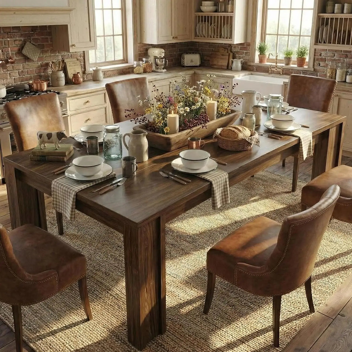 Modern Rectangular Farmhouse Dining Table With Sturdy Wood Frame