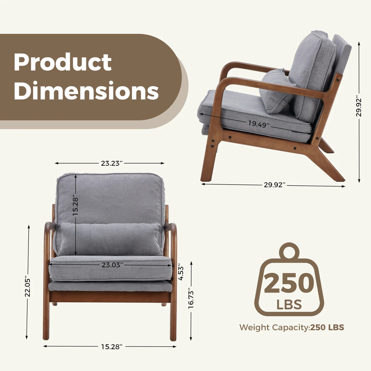 JHK Mid Century Modern Wooden Frame Accent Chair With Cushion