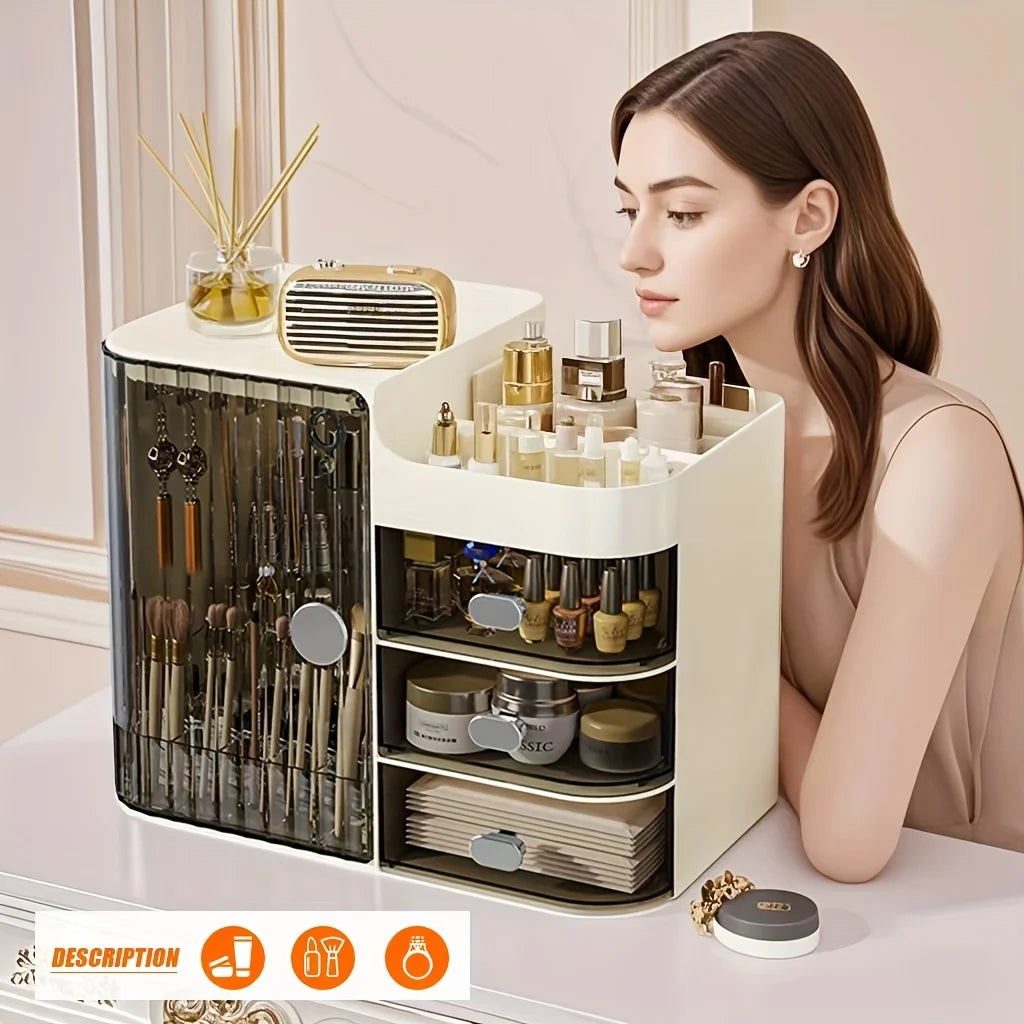 Freestanding Three Drawer Makeup Organizer With Mirror