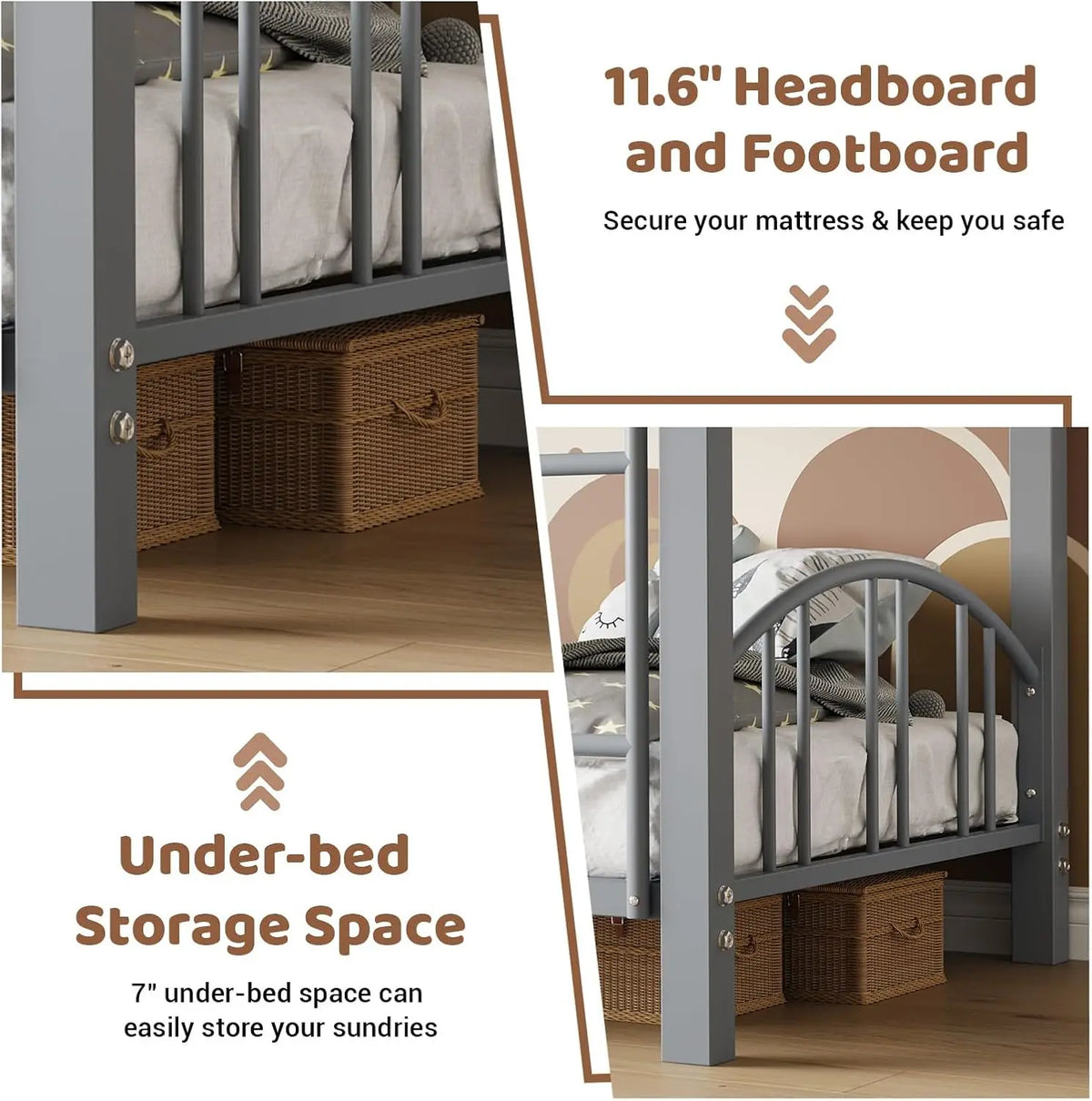 Acekool Metal Loft Bed With Safety Guardrail And Ladder