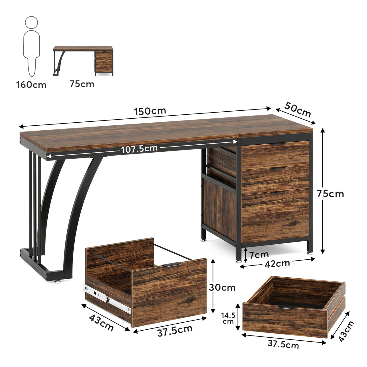 Tribesigns Industrial PC Desk Three Reversible Wooden Drawers Writing Table