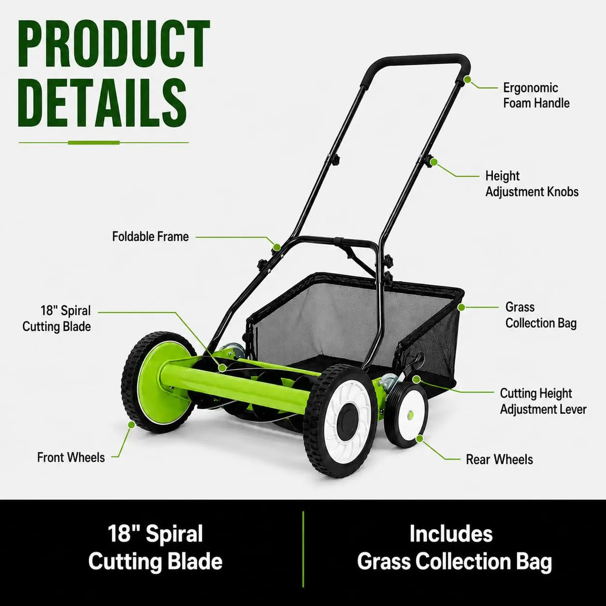 HiMISS Manual Push Reel Lawn Mower With Carbon Steel Blades