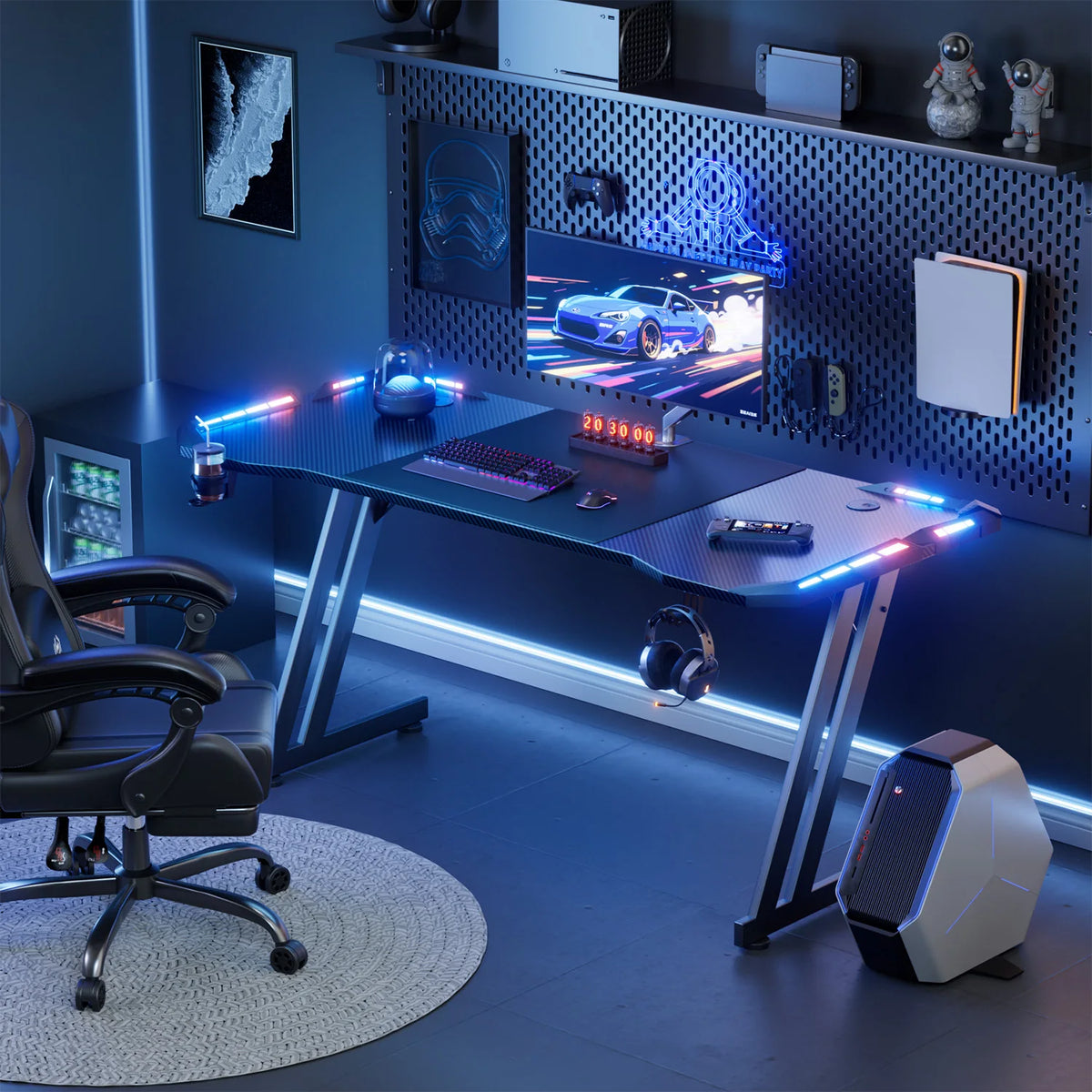 FRODROVIA Ergonomic Gaming Desk With Led Lights And Cup Holder