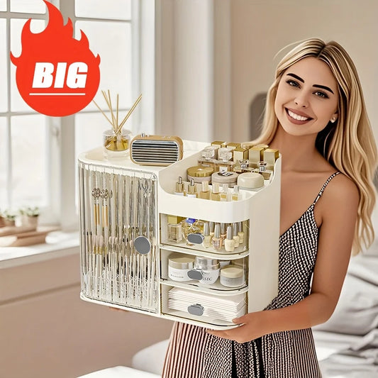 Freestanding Three Drawer Makeup Organizer With Mirror