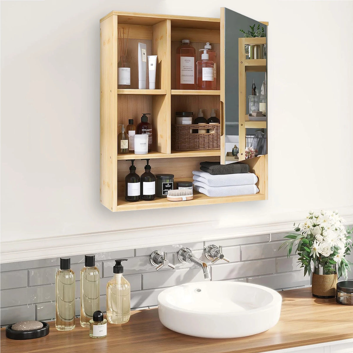 Wall Mounted Natural Bamboo Medicine Cabinet Five Open Storage Shelves