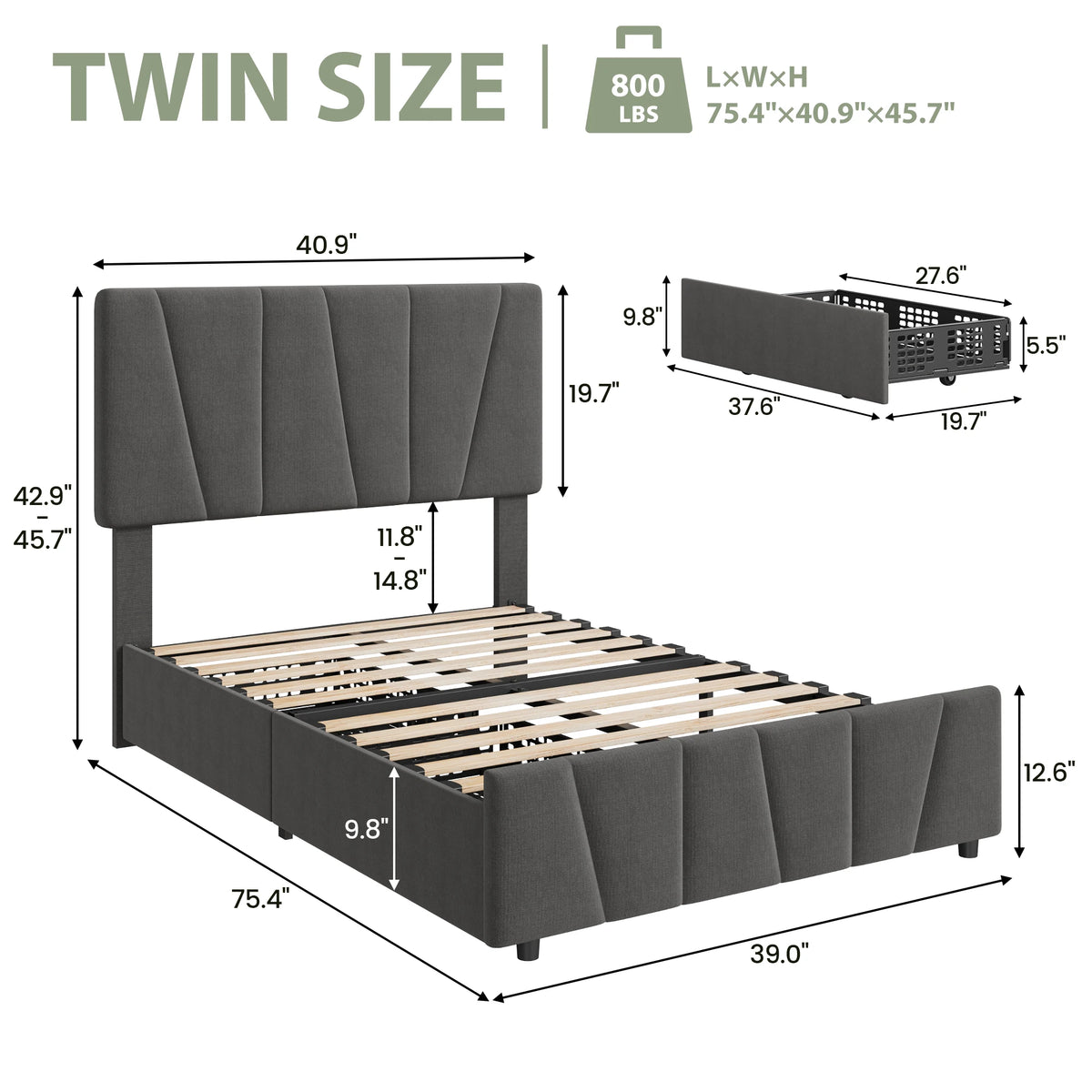 HiMISS Upholstered Platform Bed Frame Adjustable Headboard Storage Drawers
