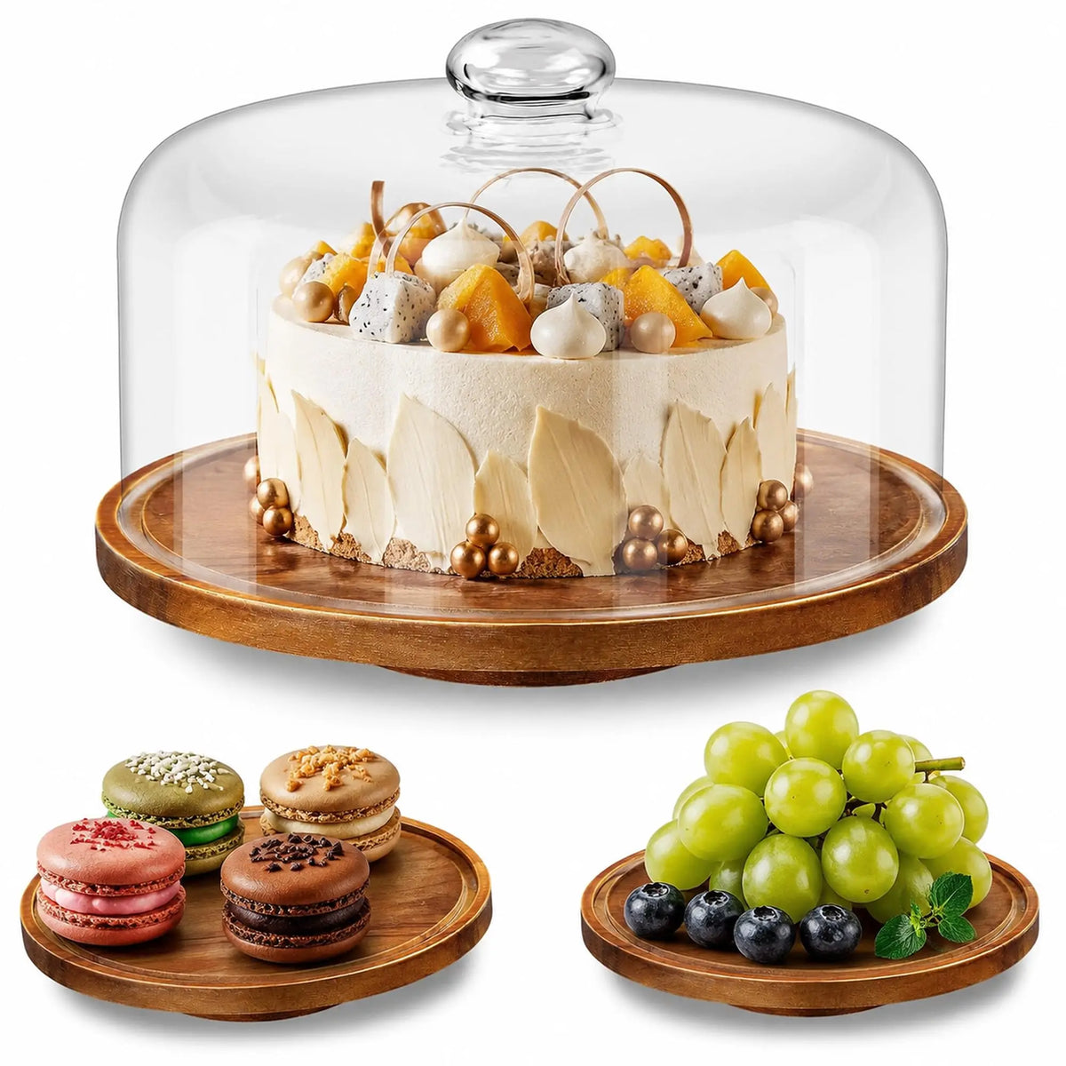 Acacia Wood Rotating Cake Stand With Clear Protective Glass Dome