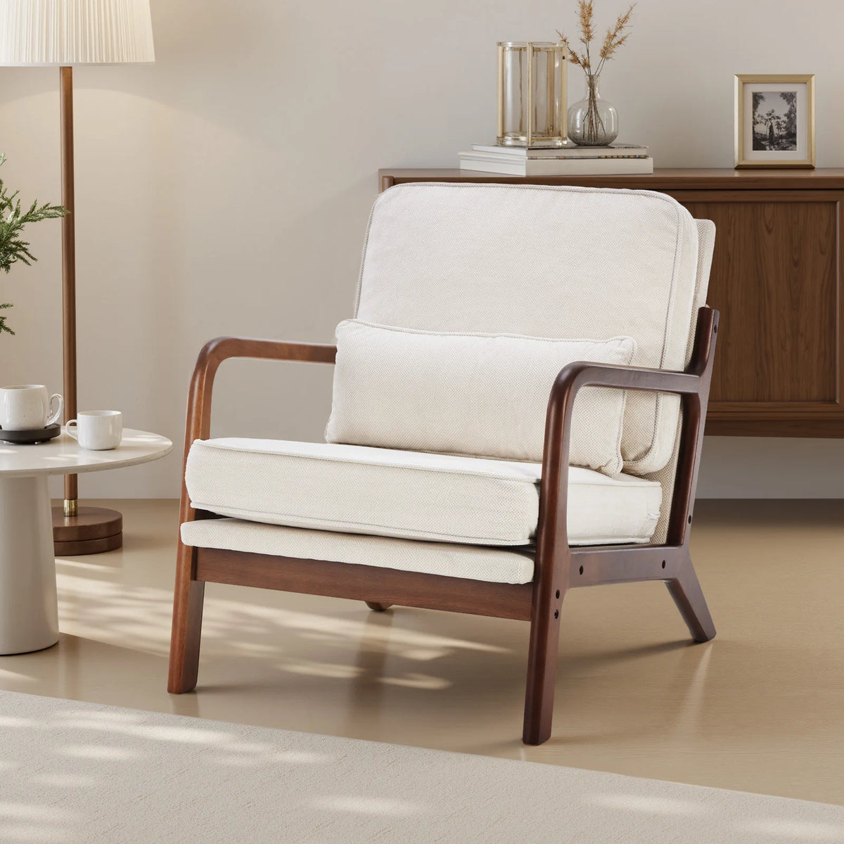 JHK Mid Century Modern Wooden Frame Accent Chair With Cushion