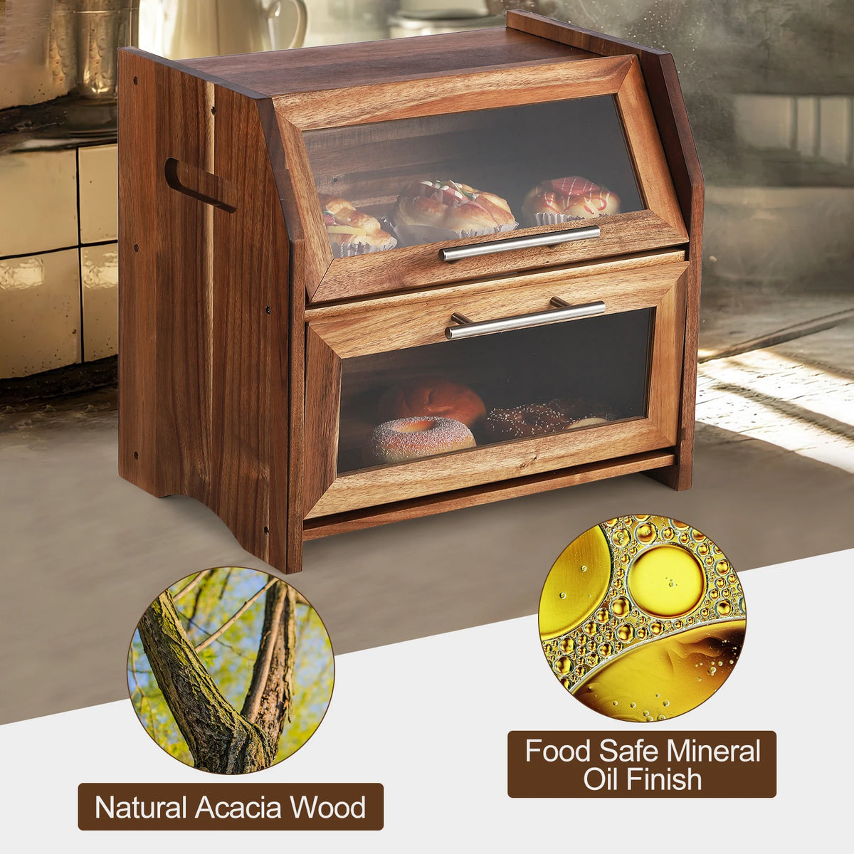 Acacia Wood Double Layer Bread Box With Viewing Window