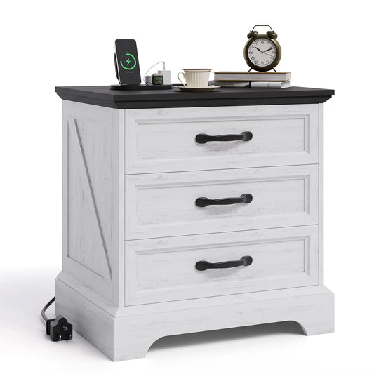 Modern Wood Nightstand With Charging Station And Three Drawers