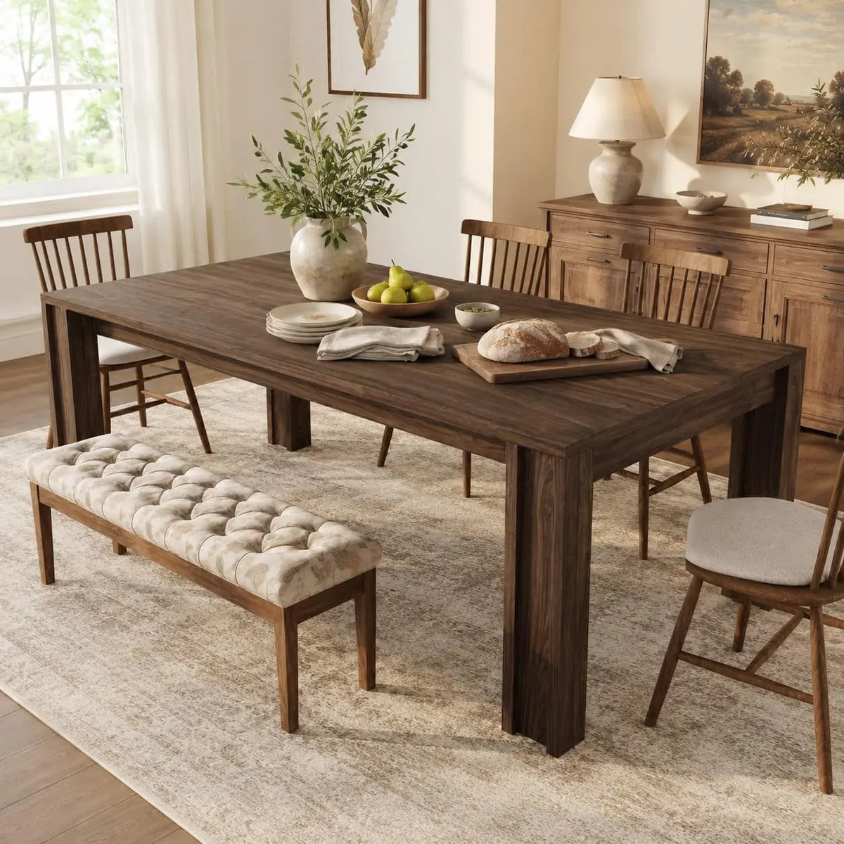 Modern Rectangular Farmhouse Dining Table With Sturdy Wood Frame
