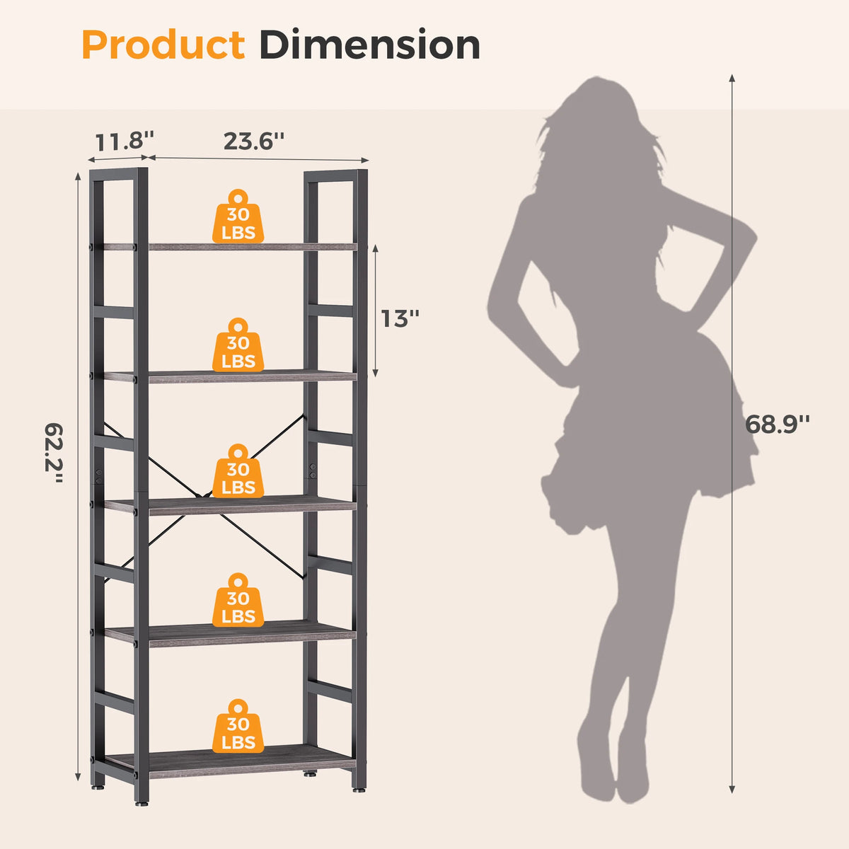 MCQ Wooden Five Tier Storage Bookshelf For Living Room