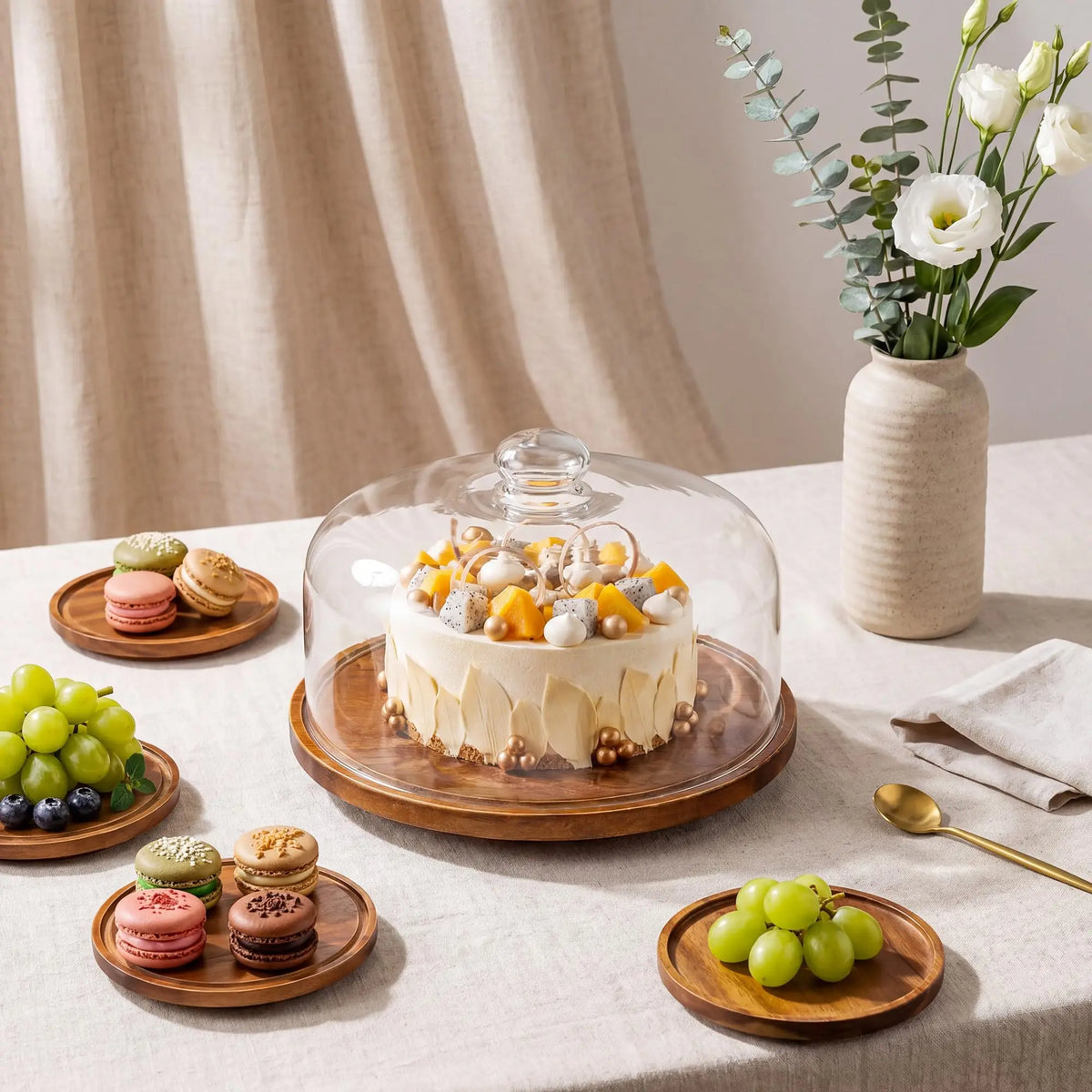 Acacia Wood Rotating Cake Stand With Clear Protective Glass Dome