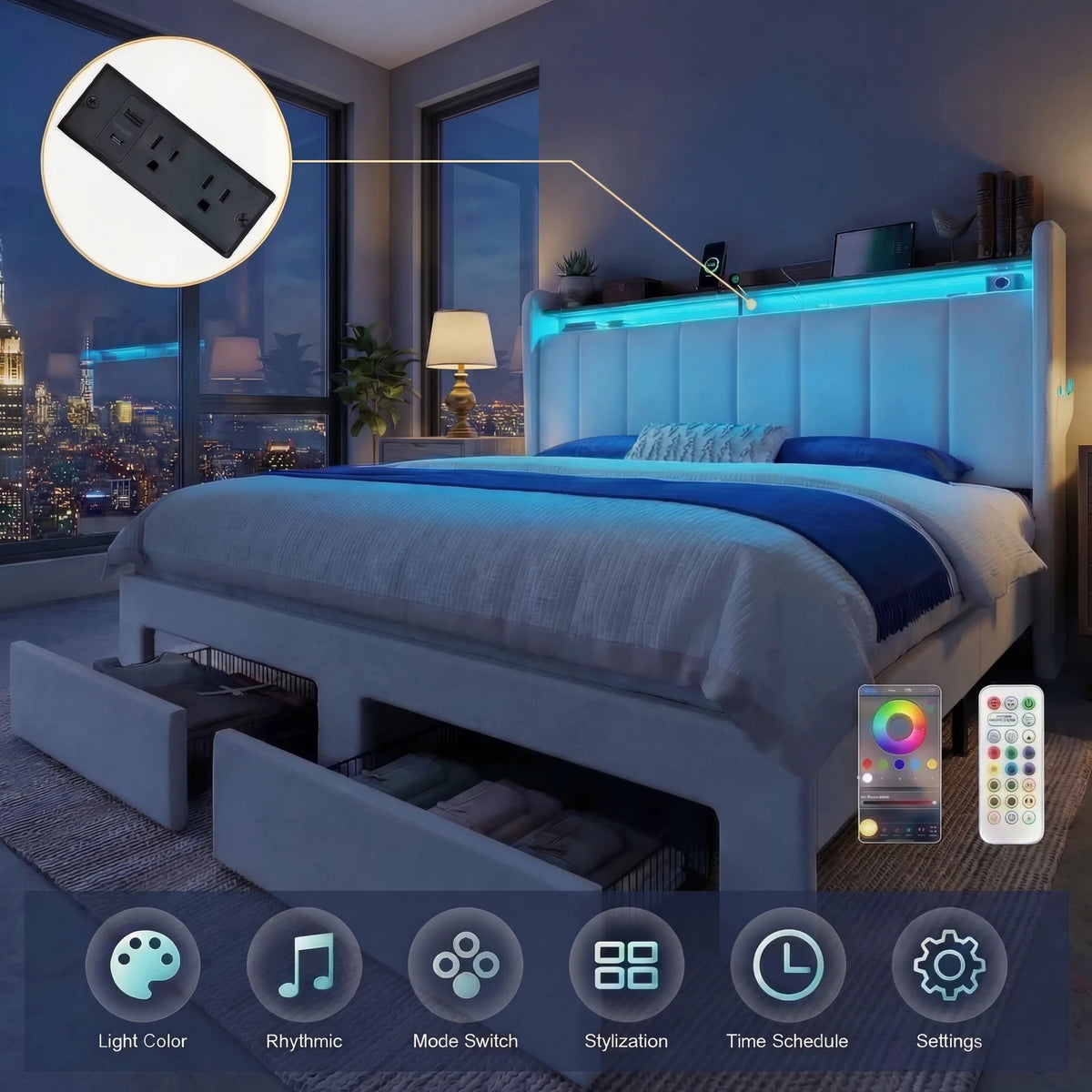 Hoomic Bed Frame With Storage Drawers And Charging Station
