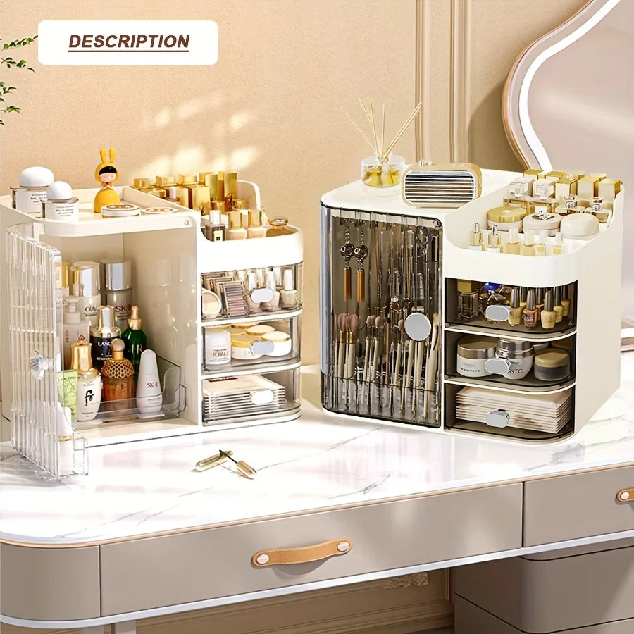 Freestanding Three Drawer Makeup Organizer With Mirror