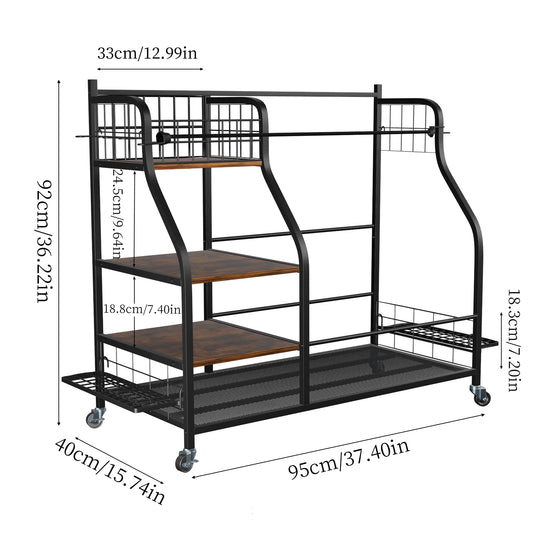 Three Tier Rolling Metal Sports Equipment Storage Organizer Rack