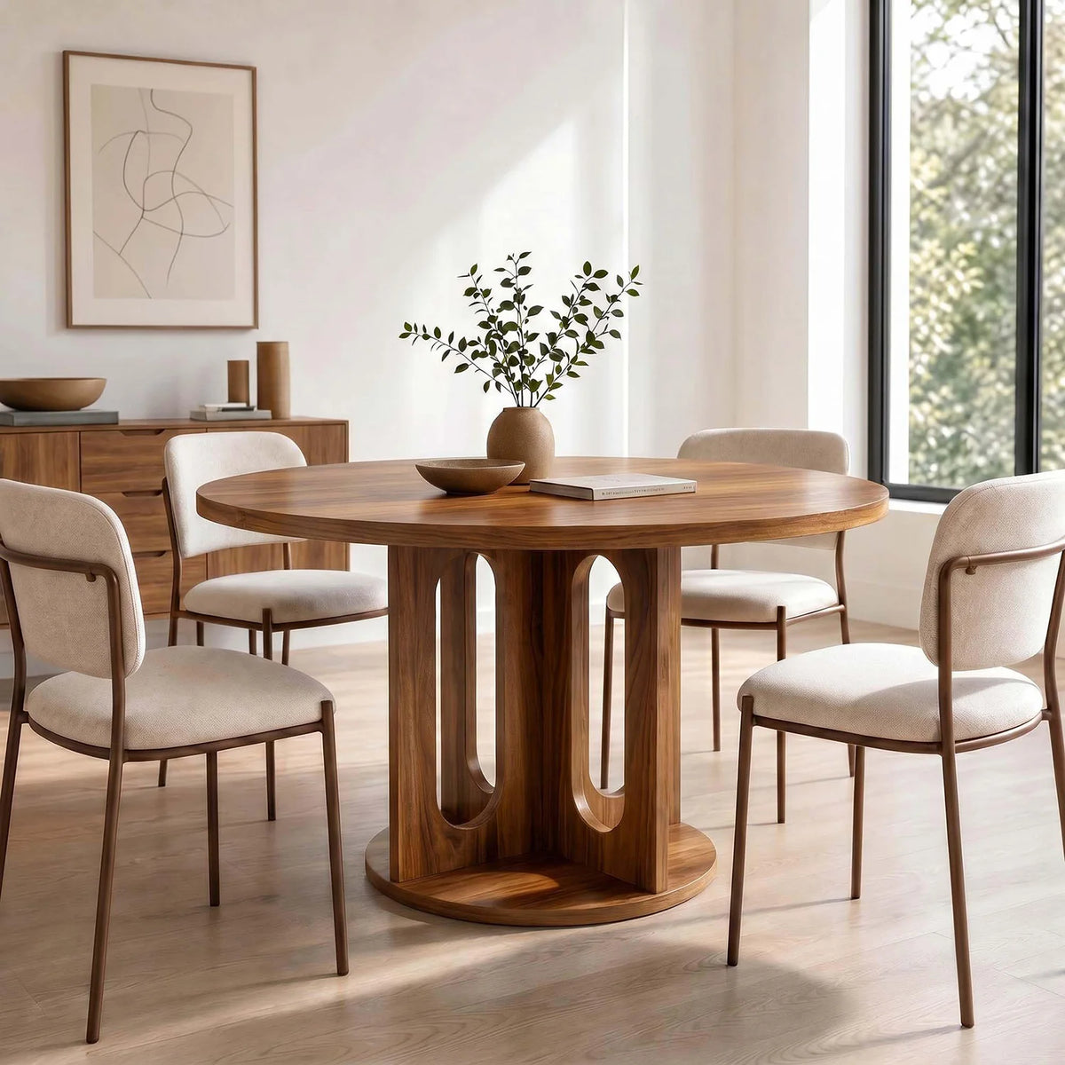 HiMiss Modern Round Dining Table With Arch Pedestal Wooden Base