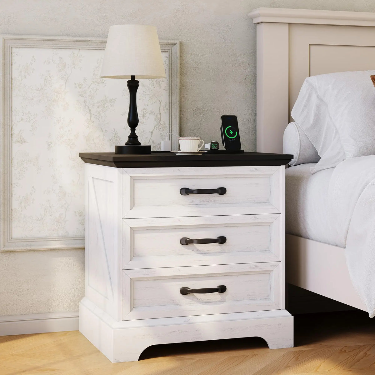 Modern Wood Nightstand With Charging Station And Three Drawers