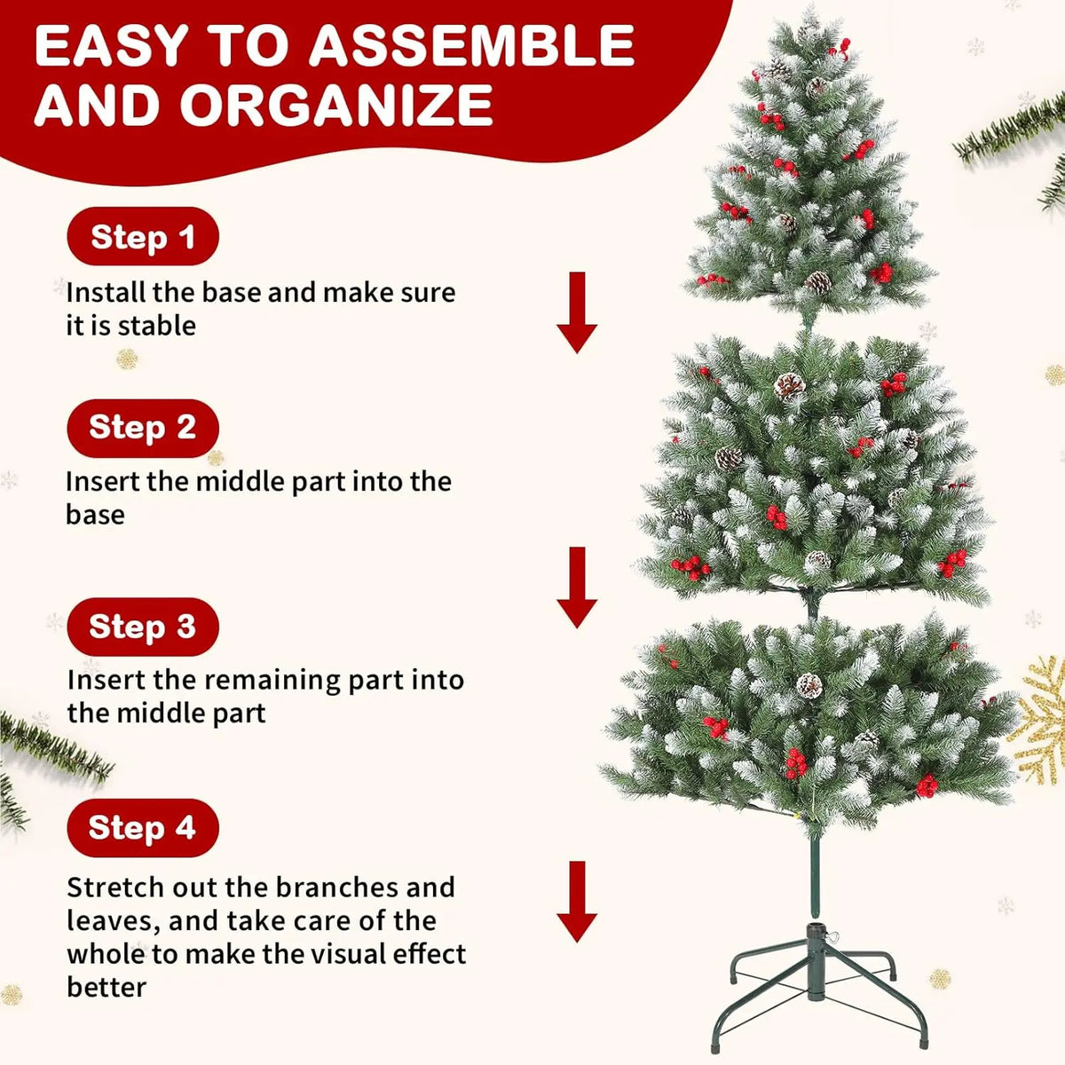HiMISS Snow Flocked Artificial Christmas Tree With Pine Cone Berries
