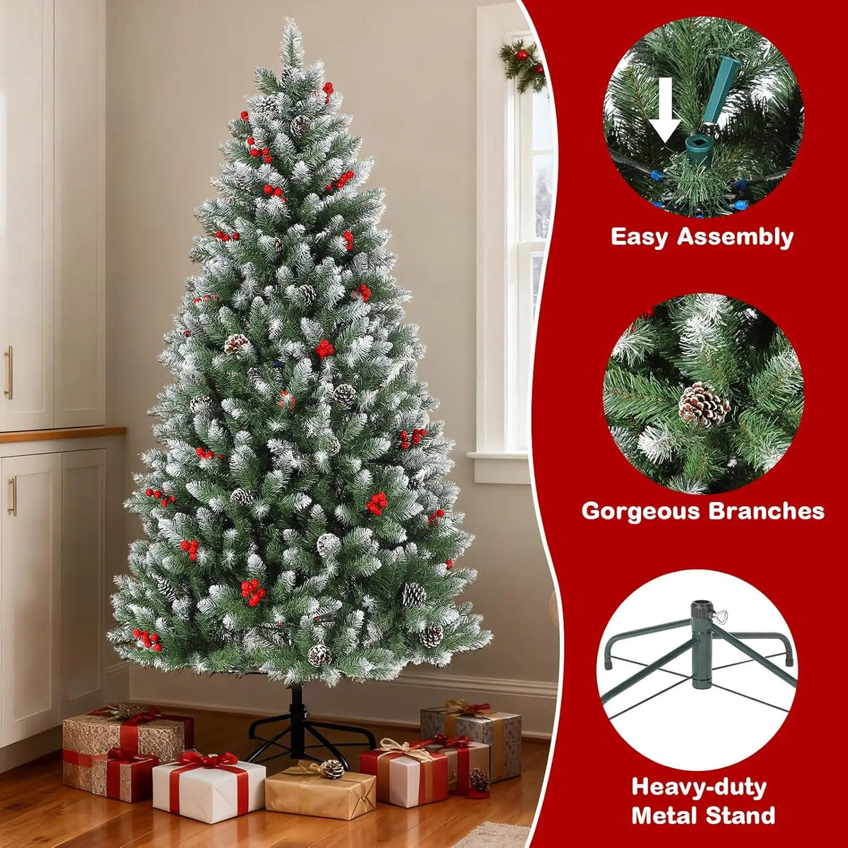 HiMISS Snow Flocked Artificial Christmas Tree With Pine Cone Berries