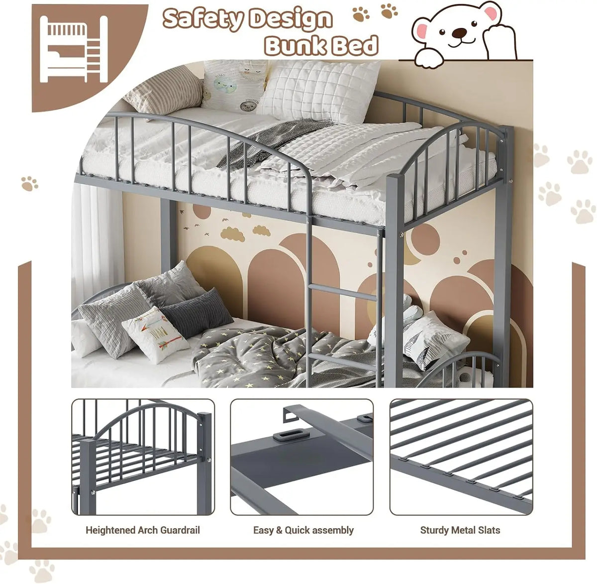 Acekool Metal Loft Bed With Safety Guardrail And Ladder