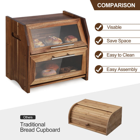 Acacia Wood Double Layer Bread Box With Viewing Window