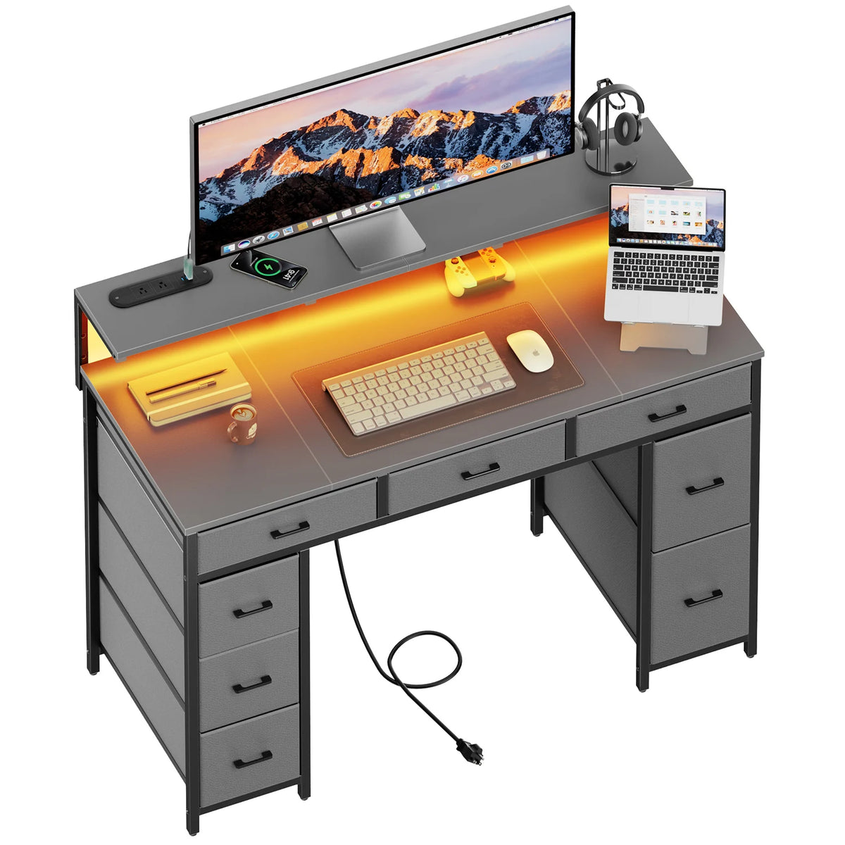 FRODROVIA Modern Computer Desk With Storage Drawers And Led Lights