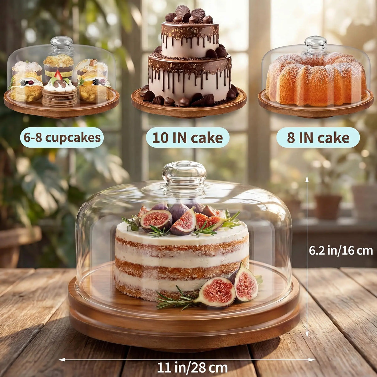 Acacia Wood Rotating Cake Stand With Clear Protective Glass Dome