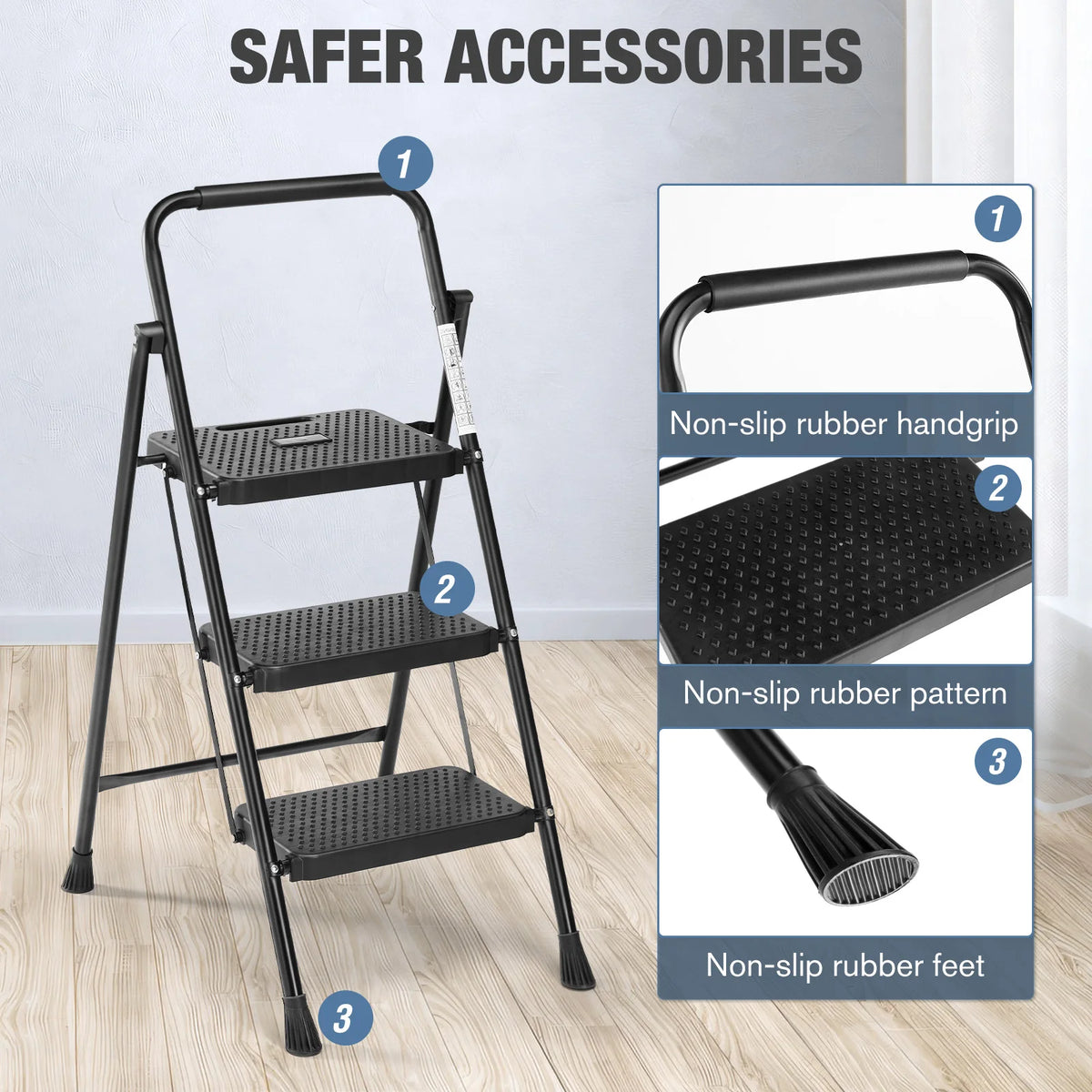 JHK Foldable Steel Step Ladder With Anti Slip Pedals