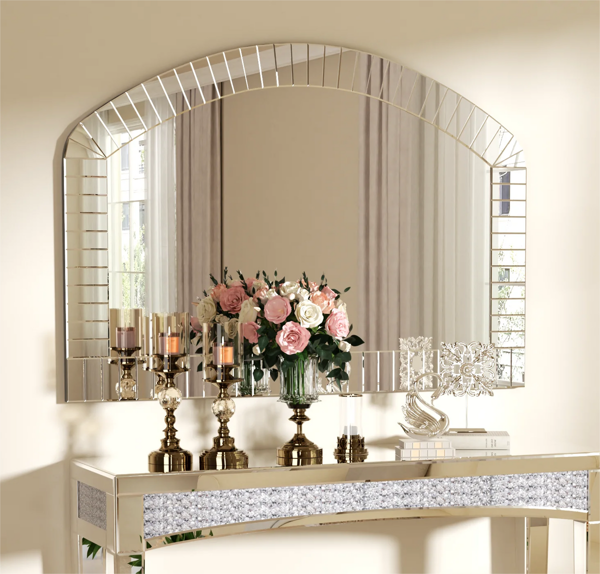 Venetian Arched Wall Mirror With Polished Beveled Glass Edge